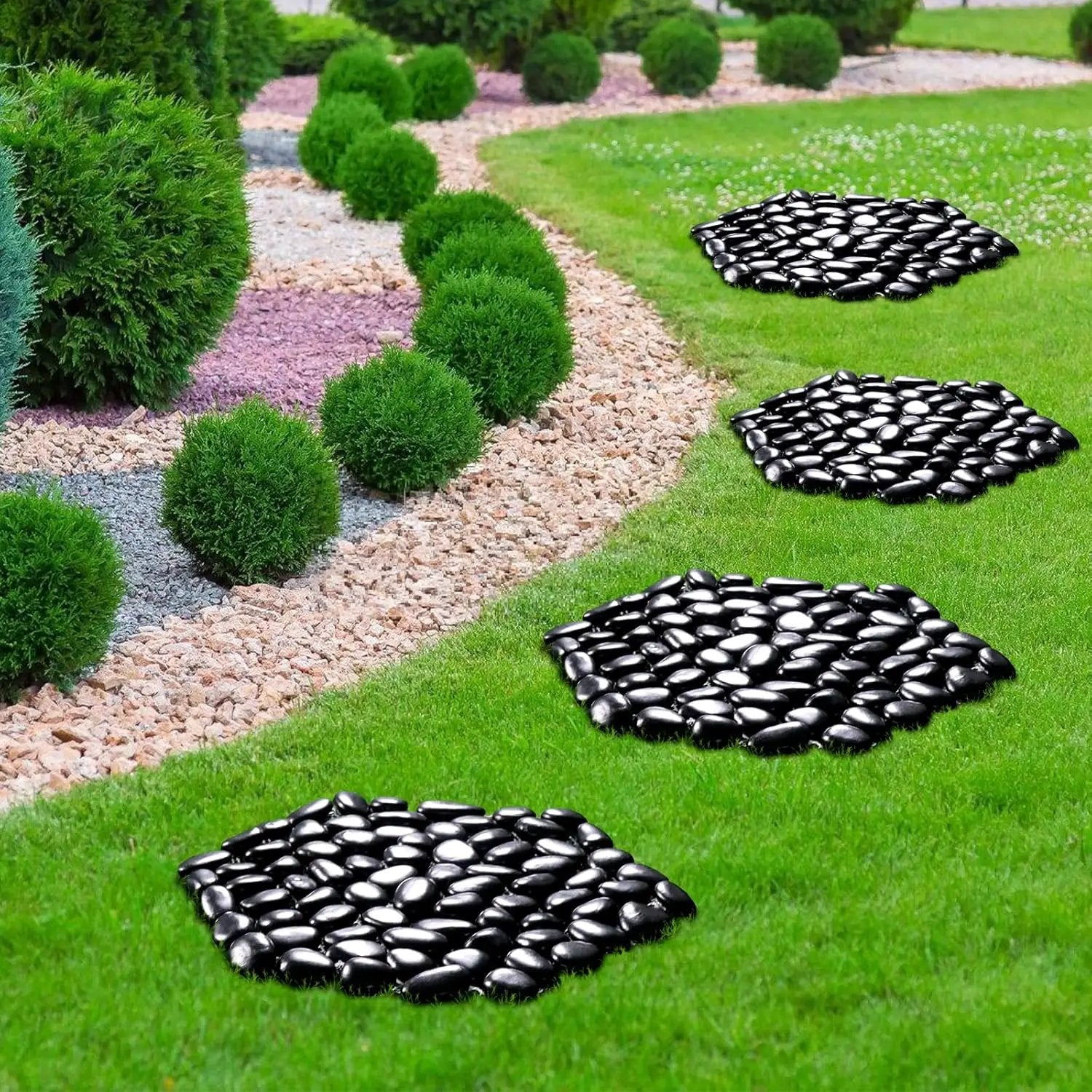 10in River Rock Stepping Stones Set - 6 Pack | Polished Pebble | Long-Lasting PVC Mesh Backing | Perfect for Garden Paths and Lawns Outdoor Landscaping Decoration | Black Rhombus by GreenHaven Gardens