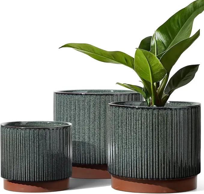 LE TAUCI Ceramic Plant Pots with Drainage Holes, Set of 3, 8+6.7+5.5 Inch Stripe Garden Planter Pots for Outdoor Indoor Plants Flower, Round Succulent Orchid Flower Pot, Reactive Glaze Black by GreenHaven Gardens