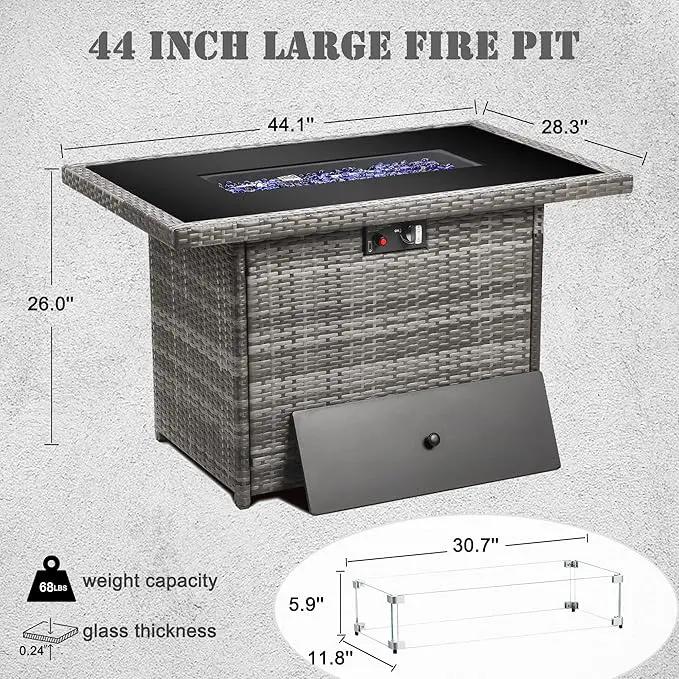 Propane Fire Pit Table,44 Inch 55000 BTU Outdoor Gas Fire Pit Rectangular with Glass Wind Guard for Outside Patio Deck (Gray-Glass Top) by GreenHaven Gardens