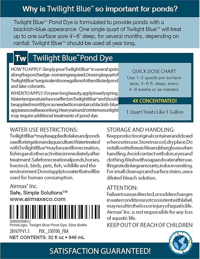 Airmax Twilight Blue Pond Dye 4X Concentrate for Outdoor Ponds & Lakes, Natural Pond Colorant & Beauty Enhancer, Block Ultraviolet Rays, Fish, Bird & Livestock Safe, Easy Liquid Application,1 Quart by GreenHaven Gardens
