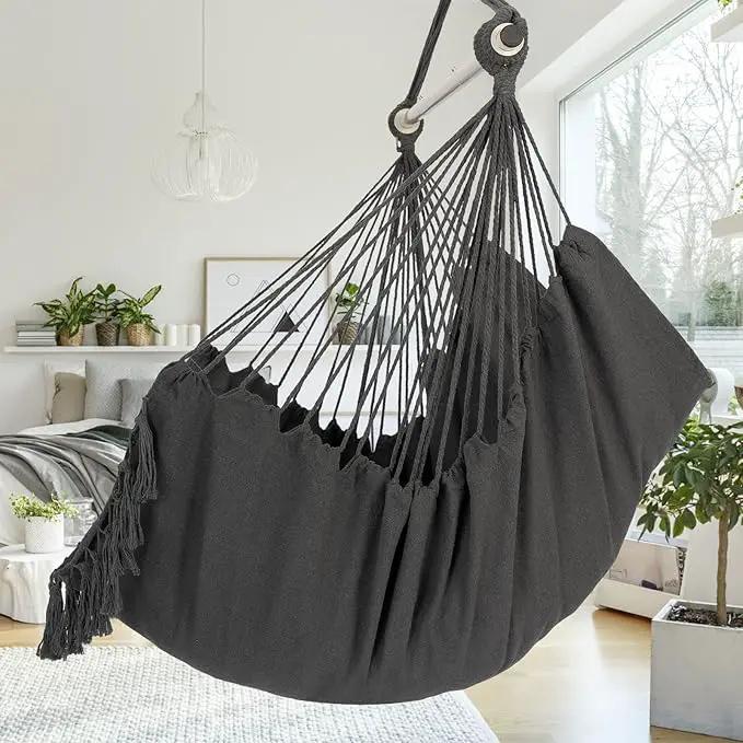 Y- STOP Hammock Chair Hanging Rope Swing, Max 500 Lbs, 2 Cushions Included, Large Macrame Hanging Chair with Pocket, Cotton Weave for Superior Comfort, Durability (Dark Grey) by GreenHaven Gardens