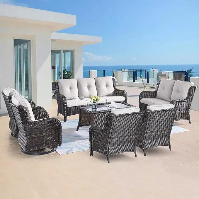 Outdoor Wicker Furniture Patio Set - 7 Piece Backyard Furniture Brown Rattan Conversation Sets with Swivel Rocker Chairs, Rattan Sofa, Club Chairs and Coffee Table, Beige Cushion by GreenHaven Gardens