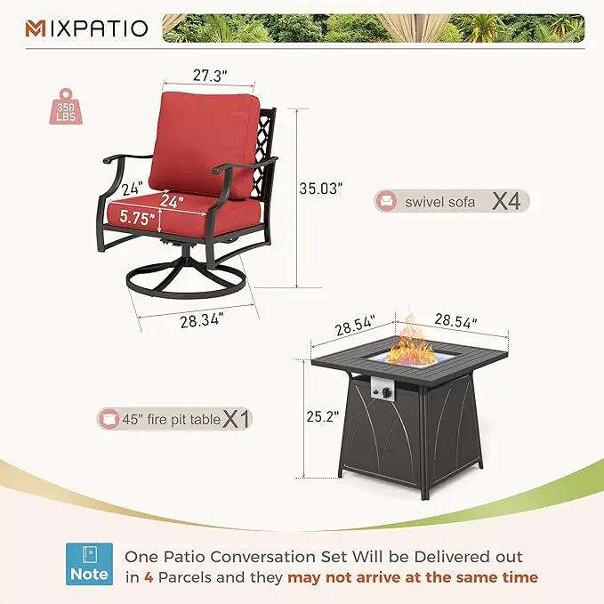 Patio Furniture Set with Fire Pit Table, 5 Pcs Metal Outdoor Conversation Set, 4 Swivel Chairs with 5.75" Extra Thick Cushion and 28" Fire Pit Table for Backyard Deck, Red by GreenHaven Gardens