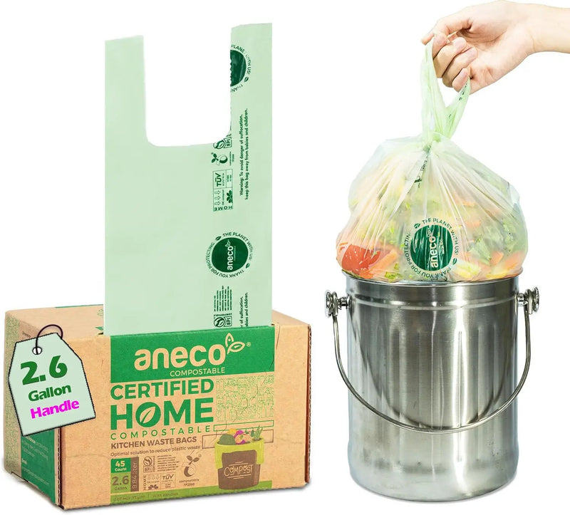 ANECO 100% Compostable Food Waste Bags 2.6 Gallon With Handles, Small Compost Bags for Countertop Bin, OK Compost HOME & BPI Certified Compostable Kitchen Food Waste Bag (45 Count) by GreenHaven Gardens