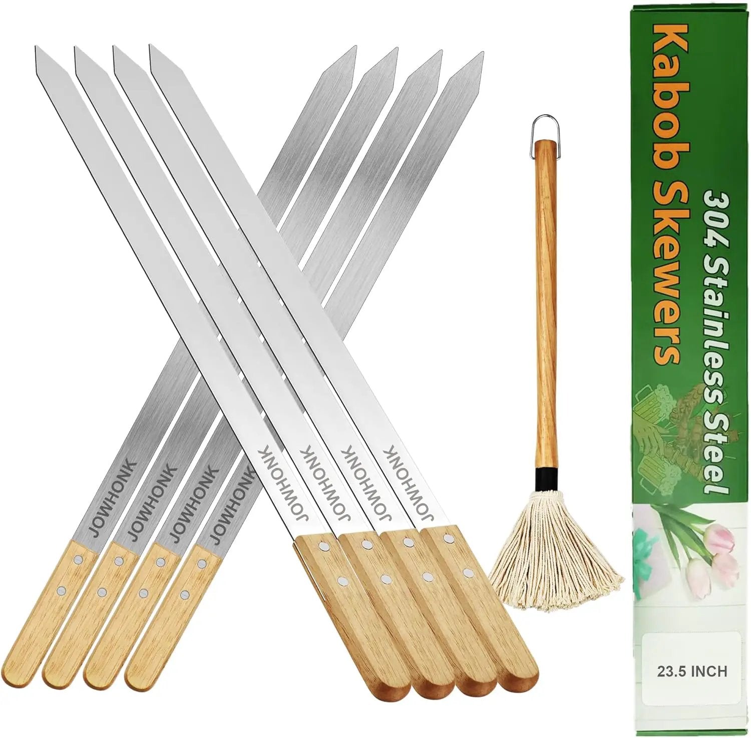 23.5" Long Kabob Skewers,1 Inch Wide 304 Stainless Steel Barbecue Skewers for Grilling with Wooden Handle,Metal Flat BBQ Skewer for Koubideh Brazilian Shish Kebab Skewer(8),BBQ Mop Brush(1) by GreenHaven Gardens