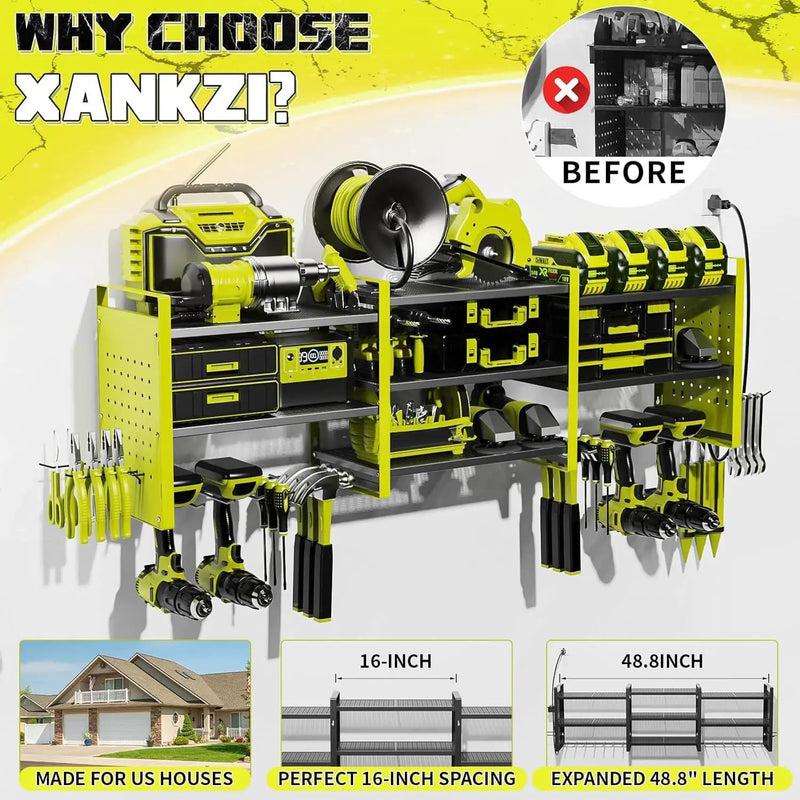 Power Tool Organizer with Charging Station Wall Mount, 3 Layer Expanded Heavy Duty Garage Organization, 48.8 Inch Length Garage Tool Storage, 4 Drill Slot, 16" Standard Hole, Green by GreenHaven Gardens