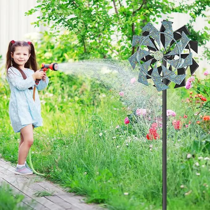59 inch Outdoor Kinetic Wind Spinner, Double Blade Wind Sculpture with 5 Prong Base, Geometric Metal Windmill for Garden, Lawn & Patio Decoration (Blue Gold) by GreenHaven Gardens