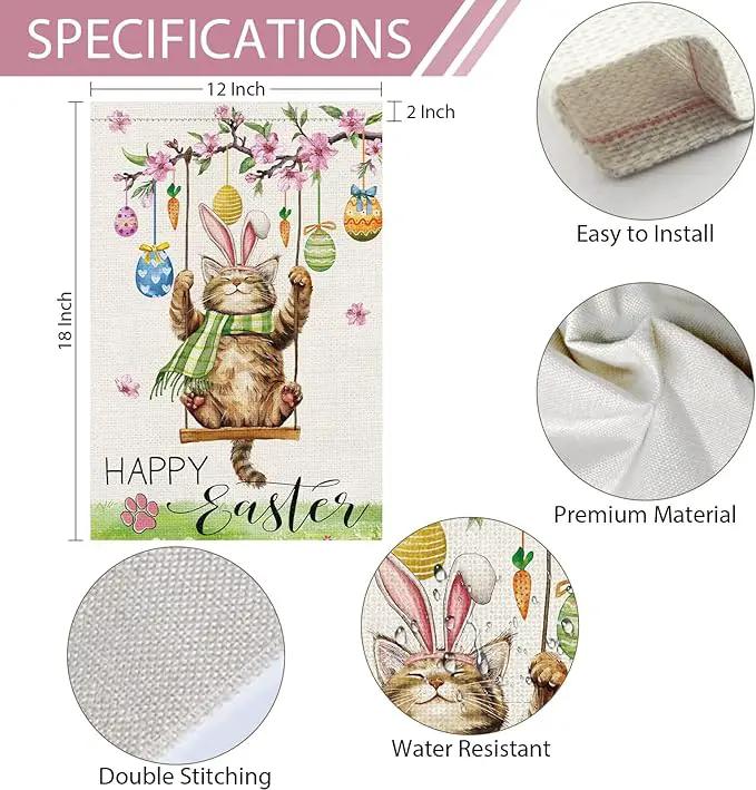 Heyfibro Happy Easter Cute Cat Garden Flag 12x18 Double Sided Burlap, Spring Summer Magnolia Flower Easter Egg Small Yard Banner for Seasonal Holiday Farmhouse Yard Outdoor Decor(ONLY FLAG) by GreenHaven Gardens