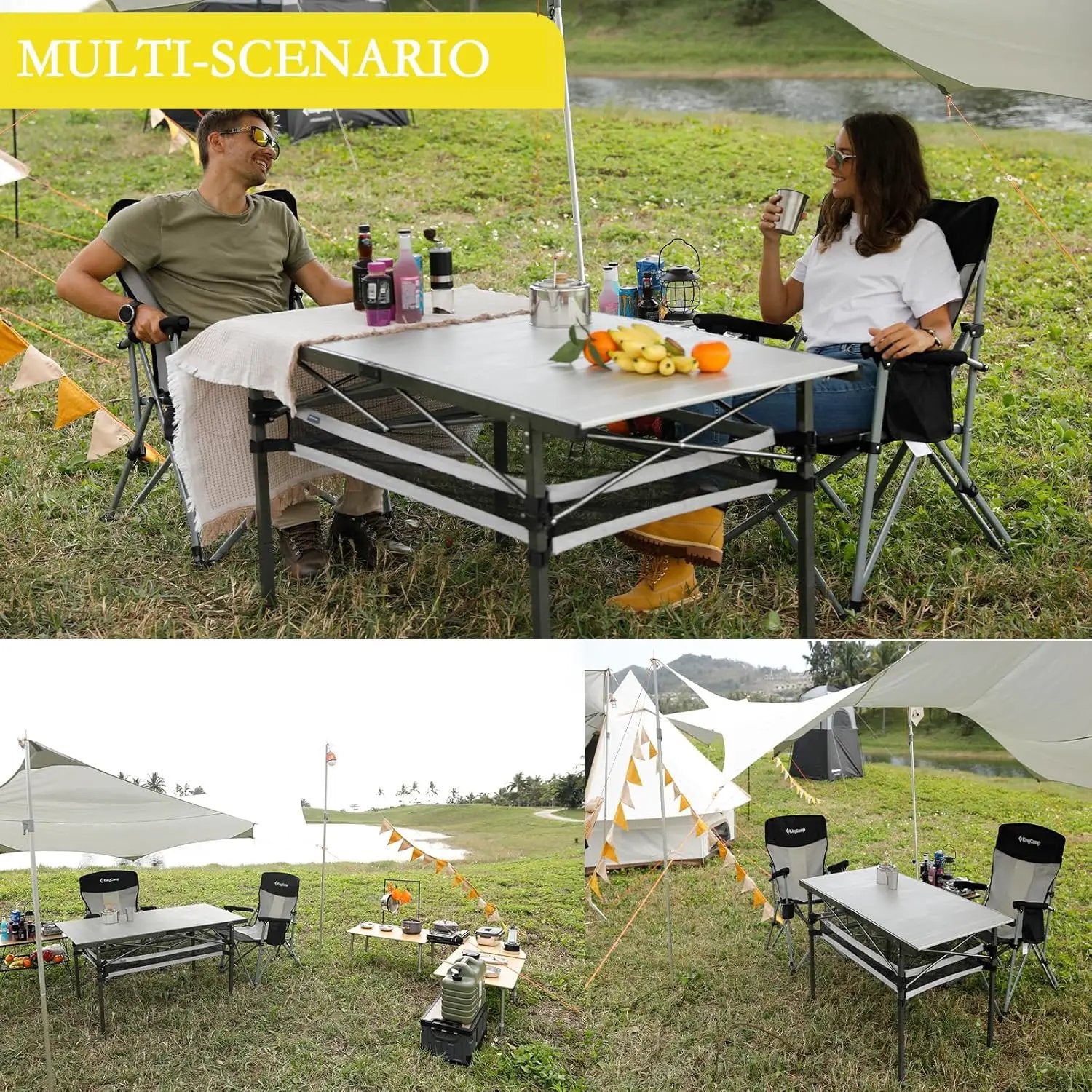 KingCamp Spacious Tabletop Area Aluminum Compact Roll 4-6 Person Stable Adjustable Feet Table with Carry Bag for Outdoor Camp Picnic, Black/Siver_53.5"×27.5" with Storage Layer by GreenHaven Gardens