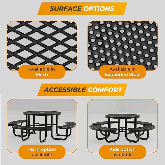 Metal Picnic Tables for Outdoors with Umbrella Hole - Coated Steel Heavy Duty Commercial Grade Table with Adjustable Seats (Brown, 38 in, Round, Expanded Steel) by GreenHaven Gardens