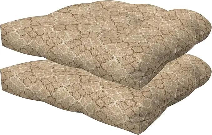 Honeycomb Outdoor Essentials Set of 2 Tufted Seat Pads, 19 x 18, Courtyard Geo Almond Dining Chair Cushions for Patio Furniture by GreenHaven Gardens