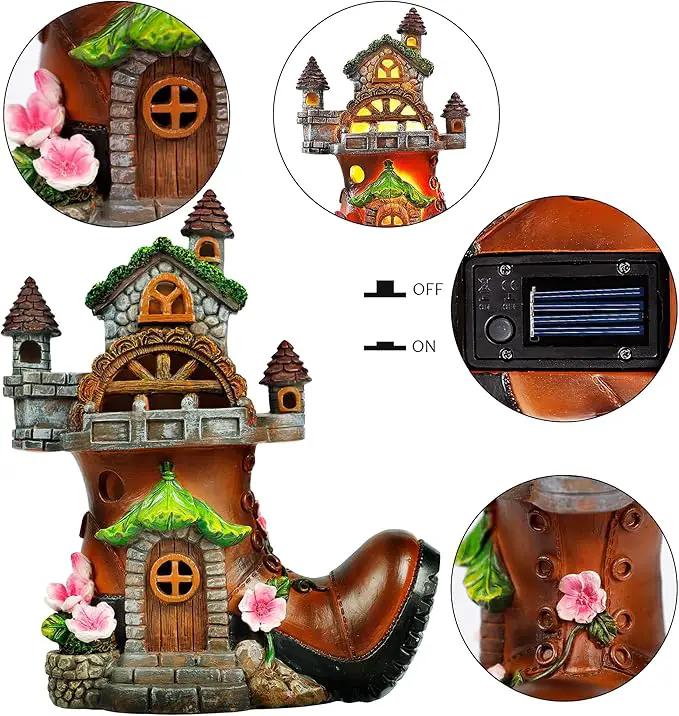 FORUP 10 Inch Fairy House Garden Statues with Boots, Fairy Garden Decor House Kit, Solar Powered Lights Garden Figurine for Outdoor Patio Lawn Yard Garden Decorations by GreenHaven Gardens