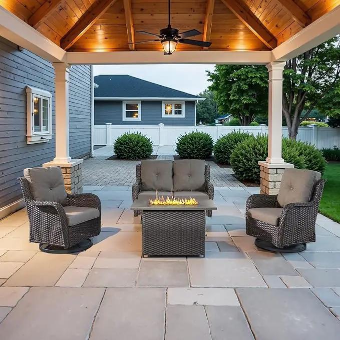 4 Piece Patio Furniture Set with Fire Pit Table - 41inch 50000 BTU Propane Fire Pit Table with High Back Loveseat Glider Chair and 2 Swivel Rocker Chair for Casual Gathering by GreenHaven Gardens