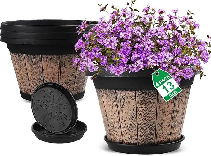 Quarut Large Plastic Plant Pots Set of 4 Pack13 inch,Whiskey Barrel Planters with Drainage Holes & Saucer.Flower Pots Imitation Wine Barrel Design for Indoor & Outdoor Garden Balcony Plants (Brown) by GreenHaven Gardens