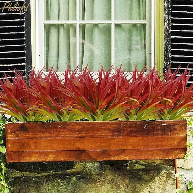 6Pcs Artificial Grass Fake Plants 17.3in Outdoor Plants UV Resistant Greenery Stems Fake Grass for Home Window Garden Office Patio Pathway Front Porch Christmas Décor Light Green & Red by GreenHaven Gardens