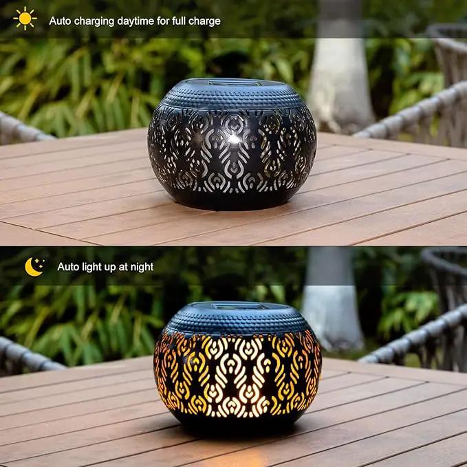Solar Table Light Outdoor Waterproof - Solar Powered LED Lamp Dancing Flickering Flame,Hollowed-Out Black Peacock Feather Metal Desktop Decorative Lantern for Desk Patio Garden Pathway Yard by GreenHaven Gardens