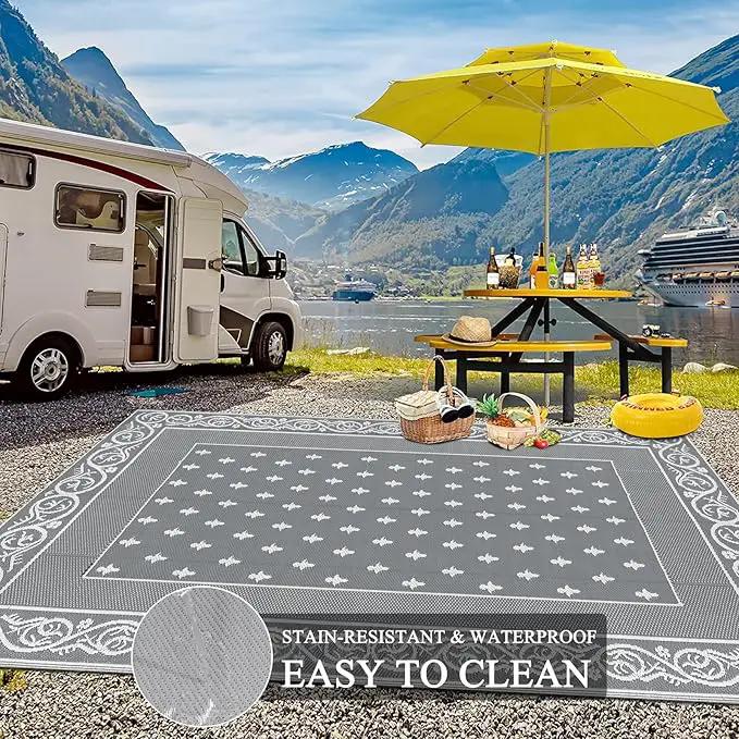 Pauwer Waterproof Outdoor Rug 8x10, Reversible Plastic Straw Patio Camping Rug, Indoor Outdoor RV Mat Carpet for Deck, Camper, Porch, Balcony, Backyard, Picnic, Bordered Grey by GreenHaven Gardens