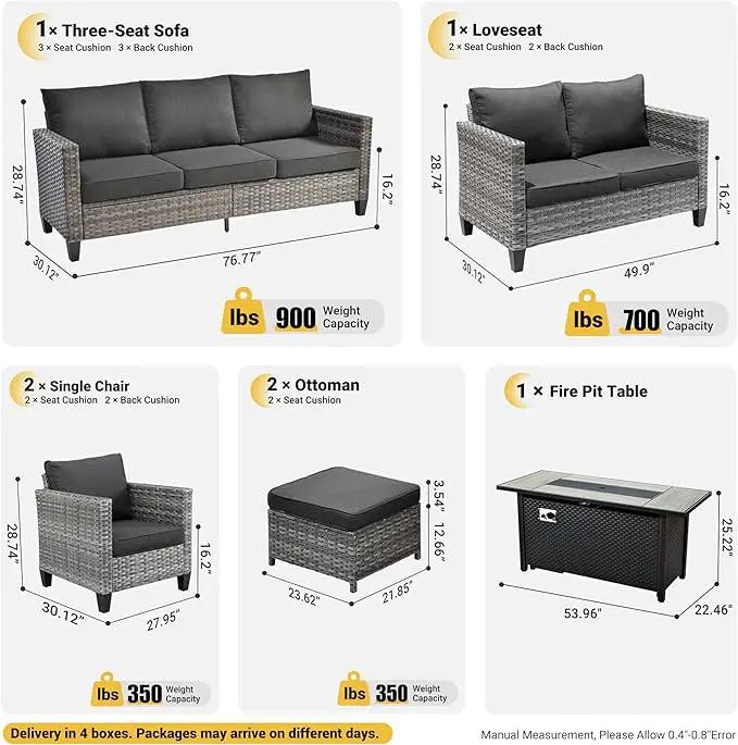 ovios 7 Pieces Patio Furniture Set with 54" Fire Pit Table, Outdoor Wicker Sofa with Comfy Cushions, All Weather High Back Rattan Couch Conversation Set, Black by GreenHaven Gardens