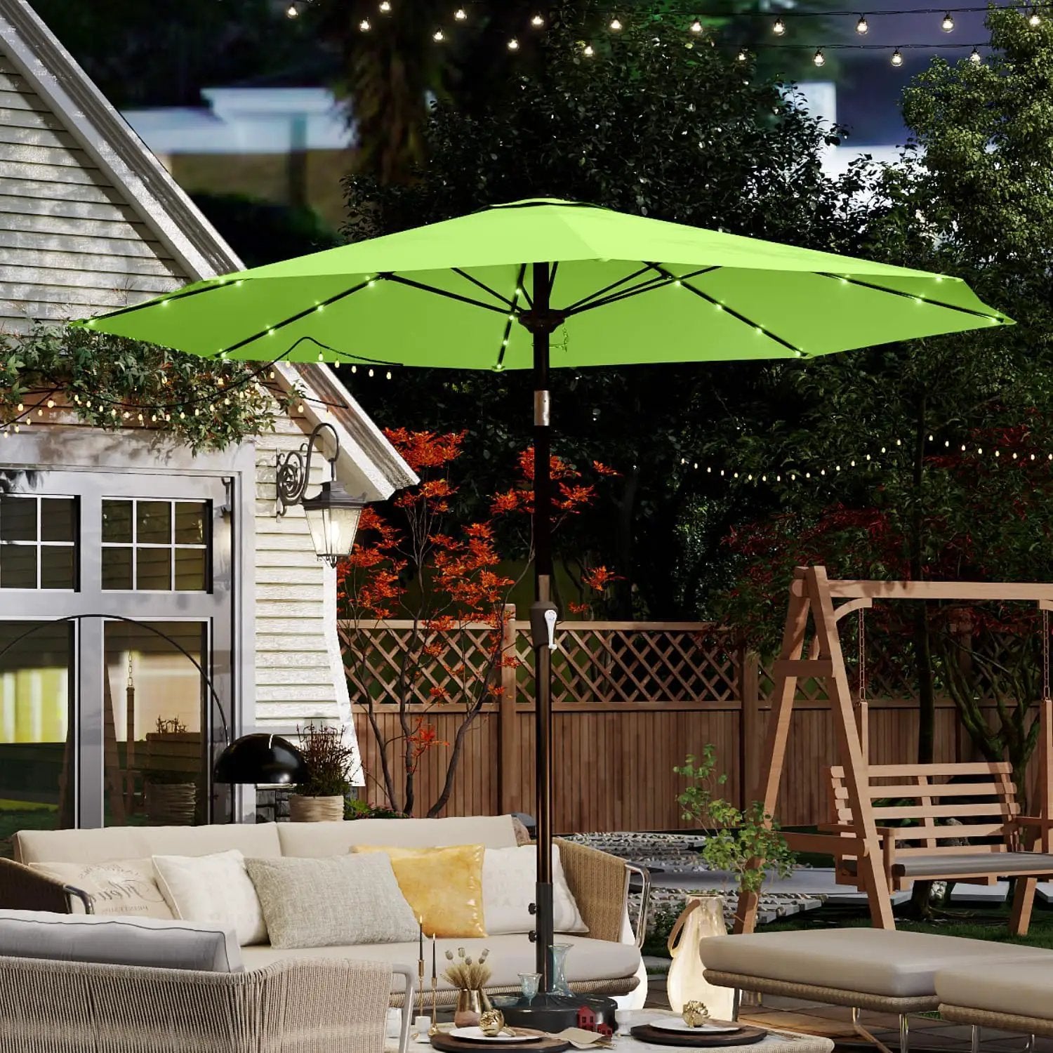 10FT Solar Umbrella 32 LED Lighted Patio Umbrella Table Market Umbrella w/Tilt and Crank, UV-Resistant Outdoor Umbrella for Pool, Garden, Deck, Apple Green by GreenHaven Gardens