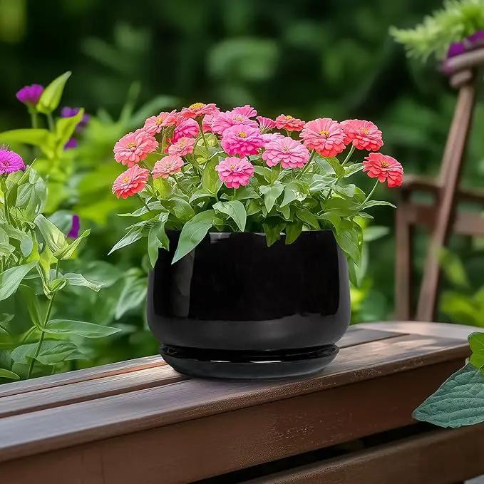 G EPGardening 6 Inch Planter - Ceramic Pot for Plants, Ceramic Planter with Drainage and Saucer, Round Flower Pot Indoor Outdoor, Modern Room Decor, Home Gifts, Black by GreenHaven Gardens
