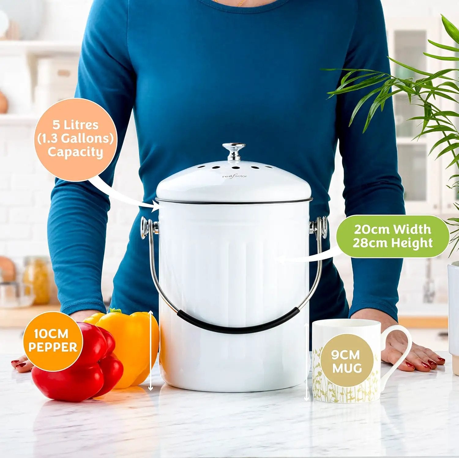 RED FACTOR Premium Compost Bin for Kitchen Countertop - Stainless Steel Food Waste Bucket with Innovative Dual Filter Technology - Includes Spare Filters (White, 1.3 Gallon) by GreenHaven Gardens