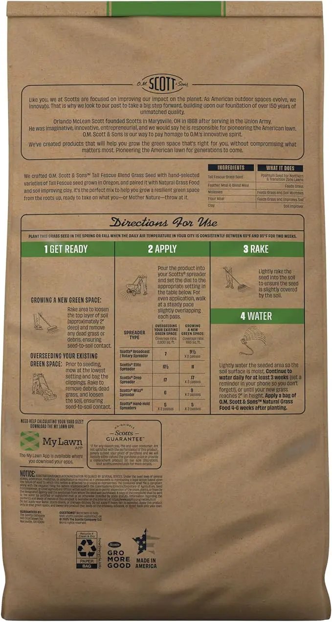 O.M. Scott and Sons Tall Fescue Blend Grass Seed, Fertilizer and Soil Improver, Naturally Crowds Out Weeds, Covers Up to 2,000 sq. ft., 8 lbs., 2-Pack by GreenHaven Gardens