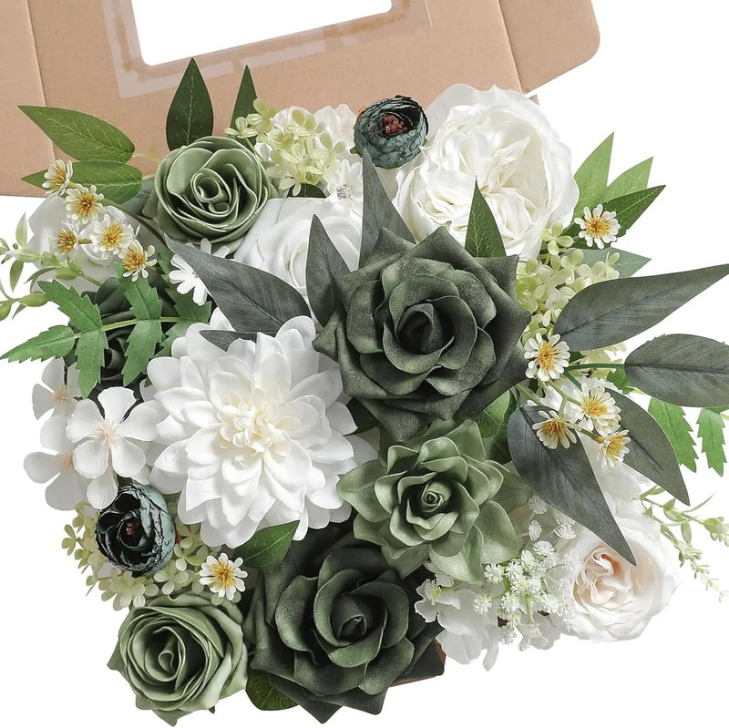 Forest Green Artificial Flowers Silk Fake Roses Peonies Greenery Combo Box Set for DIY Wedding Bouquets Bridal Shower Centerpieces Floral Arrangements Party Tables Home Decoration by GreenHaven Gardens