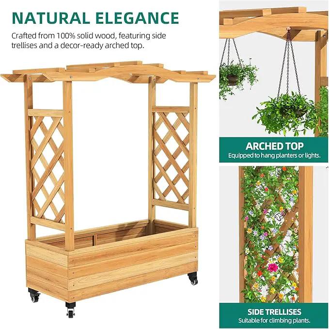 YITAHOME Raised Garden Bed with Trellis and Lockable Wheels, Wood Free-Standing Trellis Planter Box with Hanging Roof for Climbing Plants Flowers in Garden, Patio, Backyard, Balcony, Natural by GreenHaven Gardens
