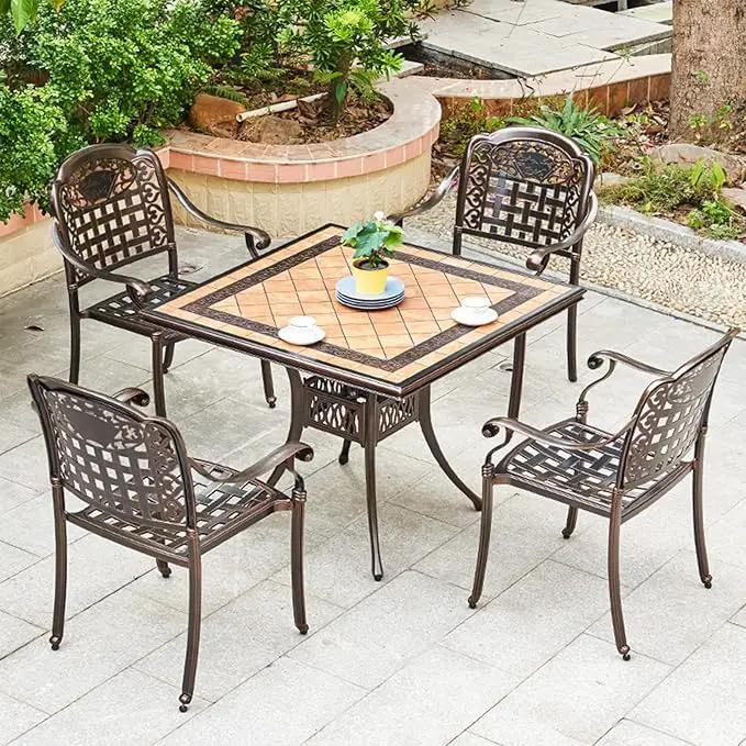 Outdoor Dining Chair Cast Aluminum Patio Chairs Set of 2 All-Weather Patio Dining Chair with Adjustable Feet for Backyard Garden (Positive Lattice Landscape Chair) by GreenHaven Gardens