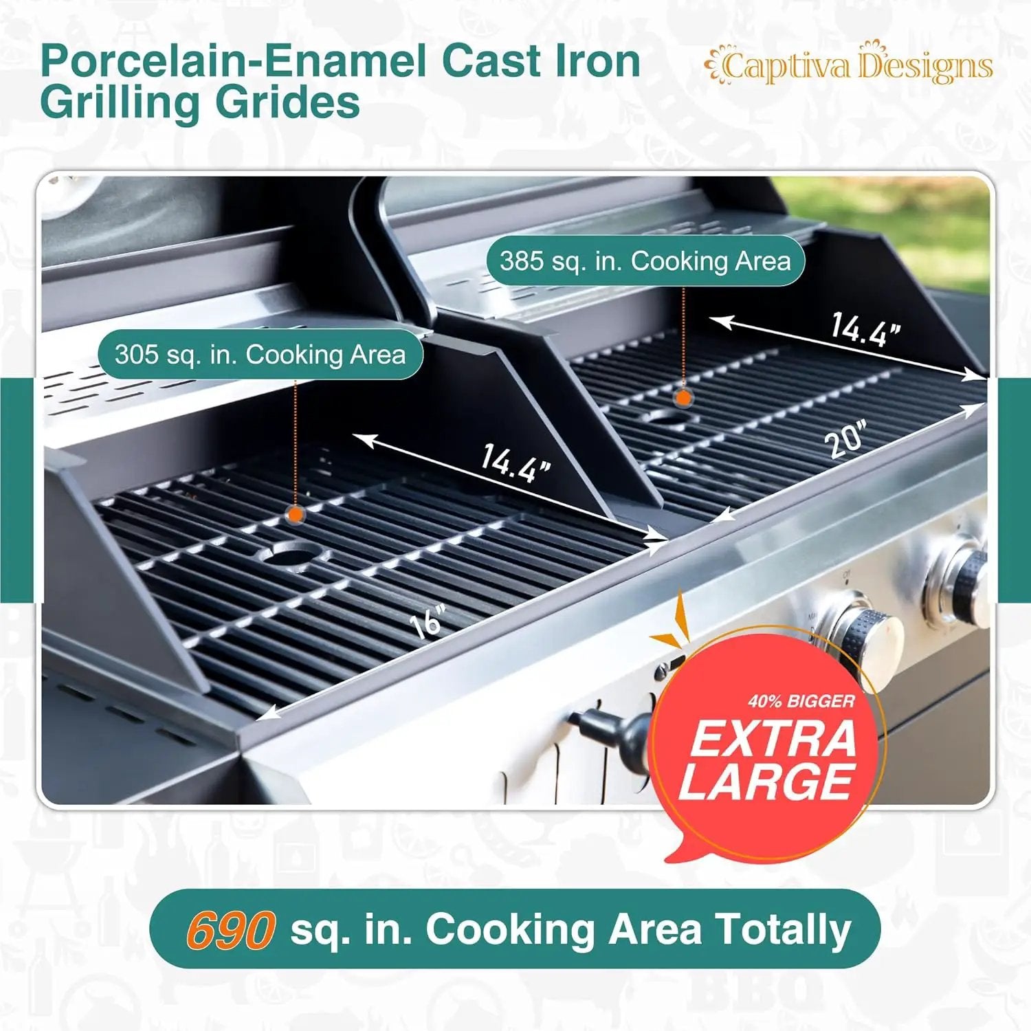 Captiva Designs Propane Gas Grill and Charcoal Grill Combo with Side Burner & Porcelain-Enameled Cast Iron Grate, Dual Fuel BBQ Grill for Outdoor Events & Backyard Barbecue, 690 SQIN Cooking Area by GreenHaven Gardens