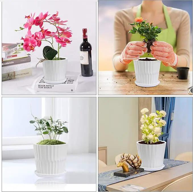 Plant Pots - 6.7 Inch Cylinder Ceramic Planters with Connected Saucer, Pots for Succuelnt and Little Snake Plants, Set of 2, White by GreenHaven Gardens