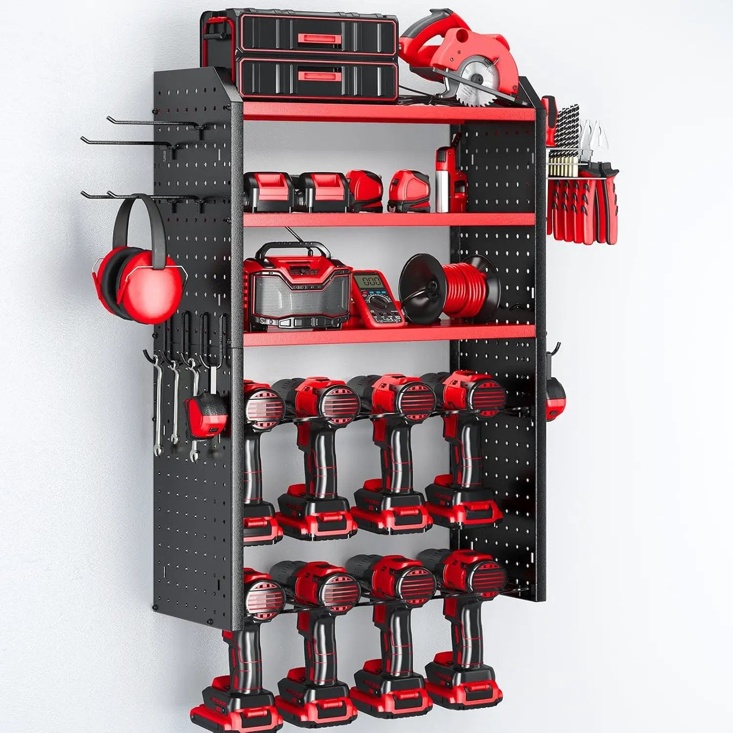 KAFAHOM Power Tool Organizer, Large 8 Drill Holder Wall Mount with 2 Side Pegboards,5 Layer Heavy Duty Metal Tool Storage Rack, Tool Shelf for Garage Organization, Utility Battery Shelves - Red by GreenHaven Gardens