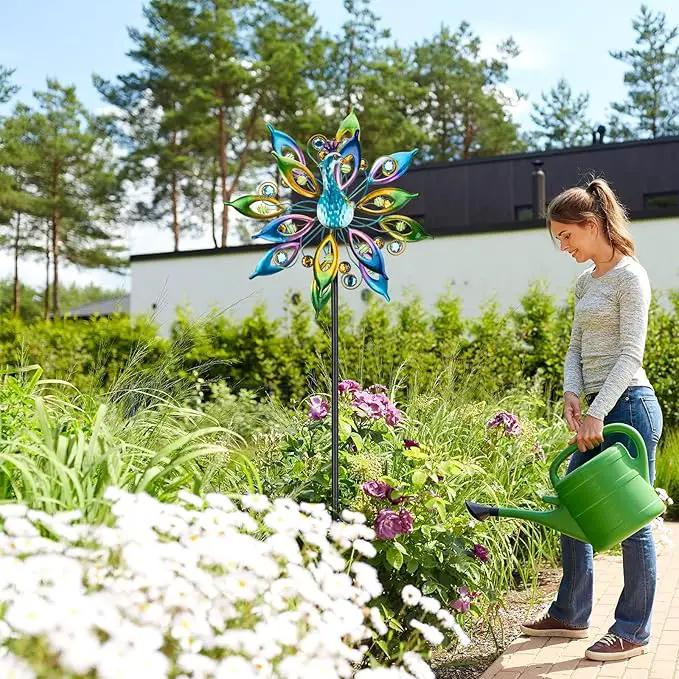 DREAMYSOUL 15.7" D*65”H Metal Peacock Wind Spinners Double Sided Kinetic Wind Sculptures Outdoor Metal Windmill for Garden Yard Decor by GreenHaven Gardens