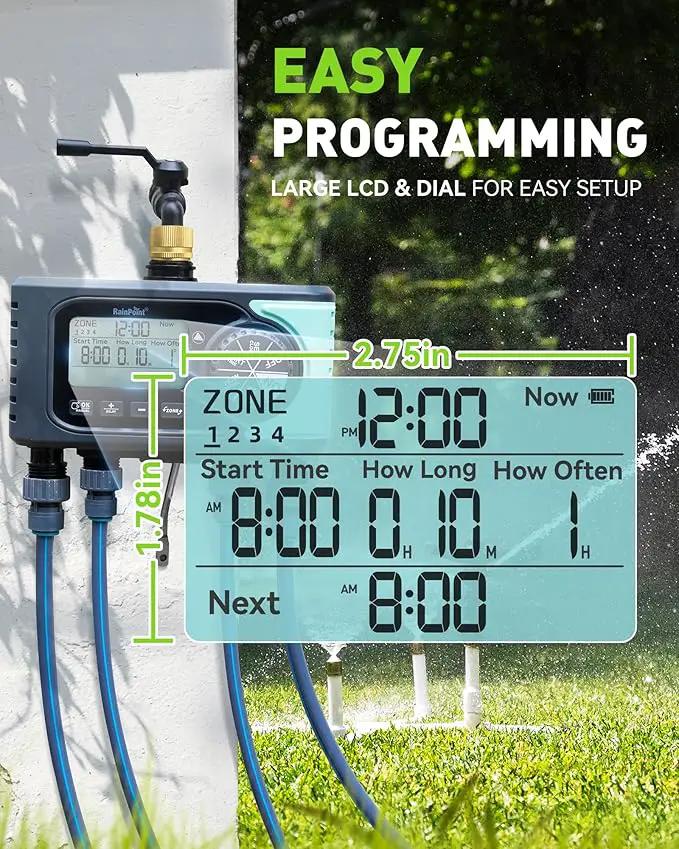 RAINPOINT Sprinkler Timer, 4 Outlets Hose Timer with Brass Inlet with Rain Delay/Manual/Automatic Controller System, Programmable Digital for Lawn Yard, 4 Zone by GreenHaven Gardens