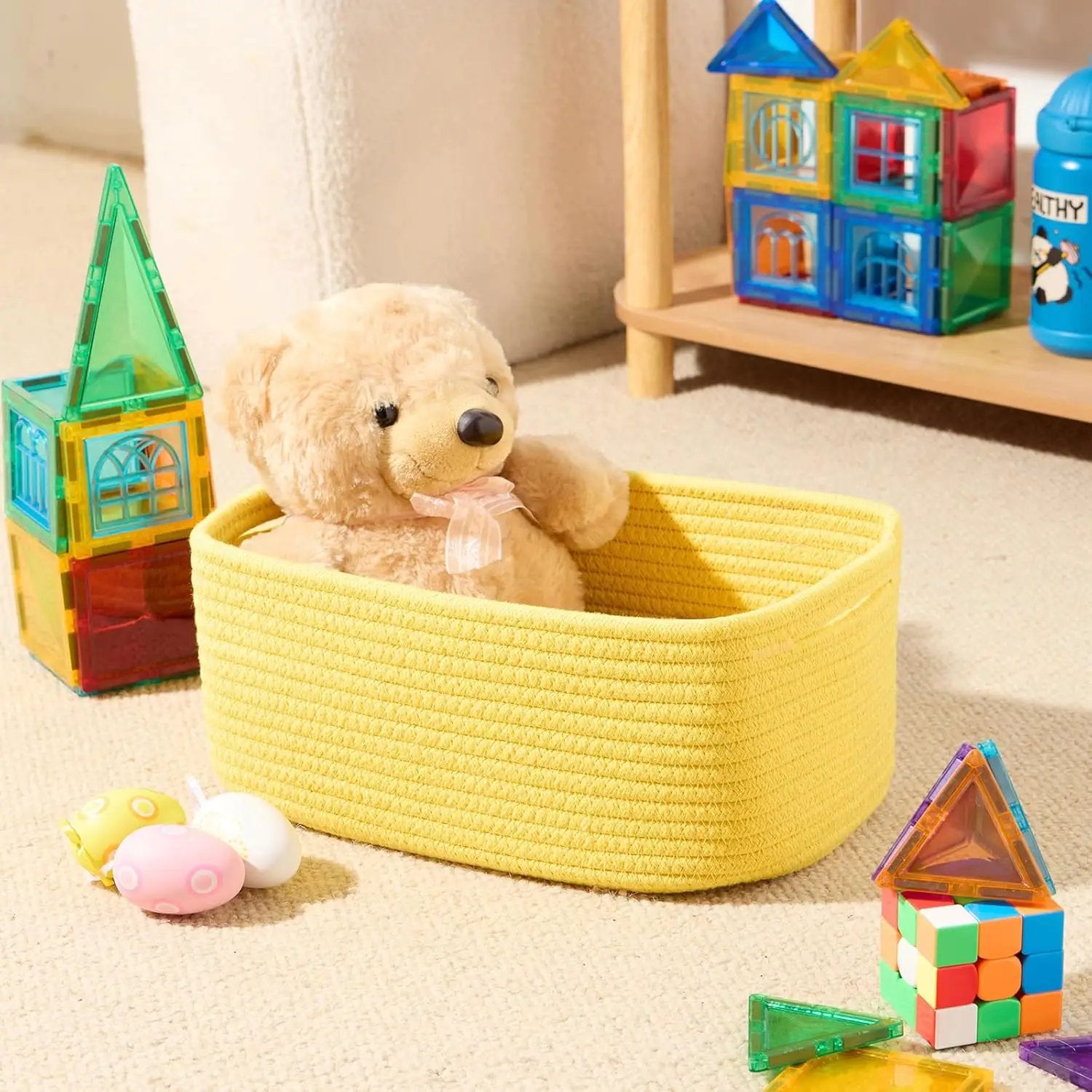 Small Storage Baskets for Organizing | Closet Organizer Bins | Shelf Toy Basket | Woven Rope Baskets | Cube Decorative Box | Shallow Basket | 13x8.5x5.1” | 3 Packs Yellow by GreenHaven Gardens