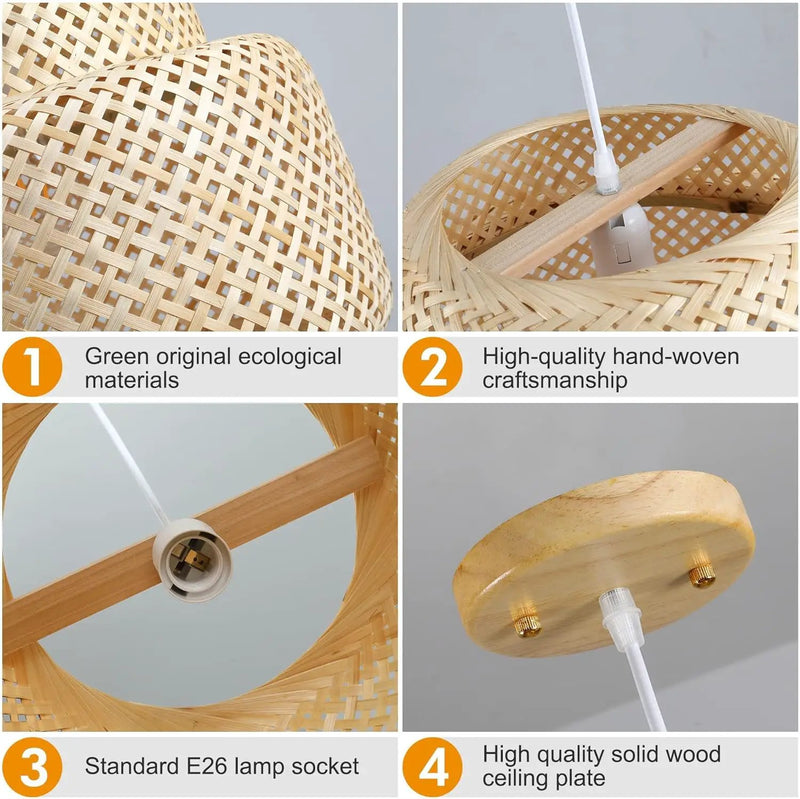 Bamboo Pendant Light - Boho Basket Chandelier Handmade Woven Pendant Light, Natural Wicker Rattan Hanging Chandelier for Kitchen Island Dining Room Living Room Porch by GreenHaven Gardens