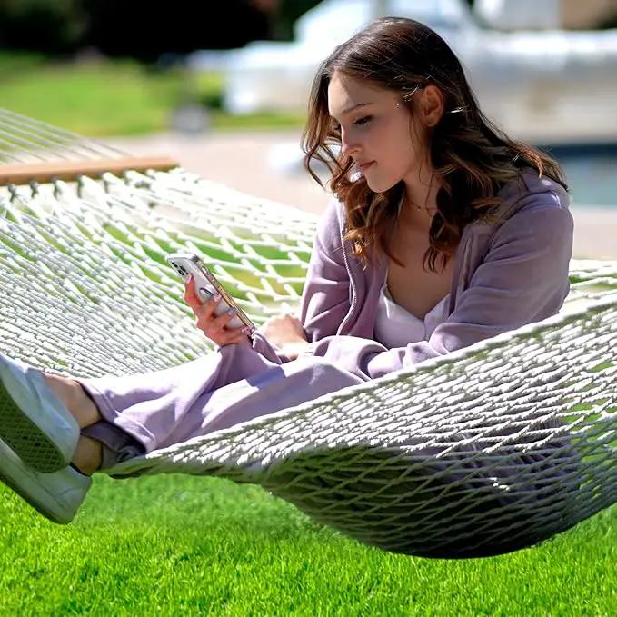 ANOW Rope Hammock Double Hammock with Hardwood Spreader Bar and Carrying Bag, 450 LBS Weight Capacity for Two Person, Natural by GreenHaven Gardens