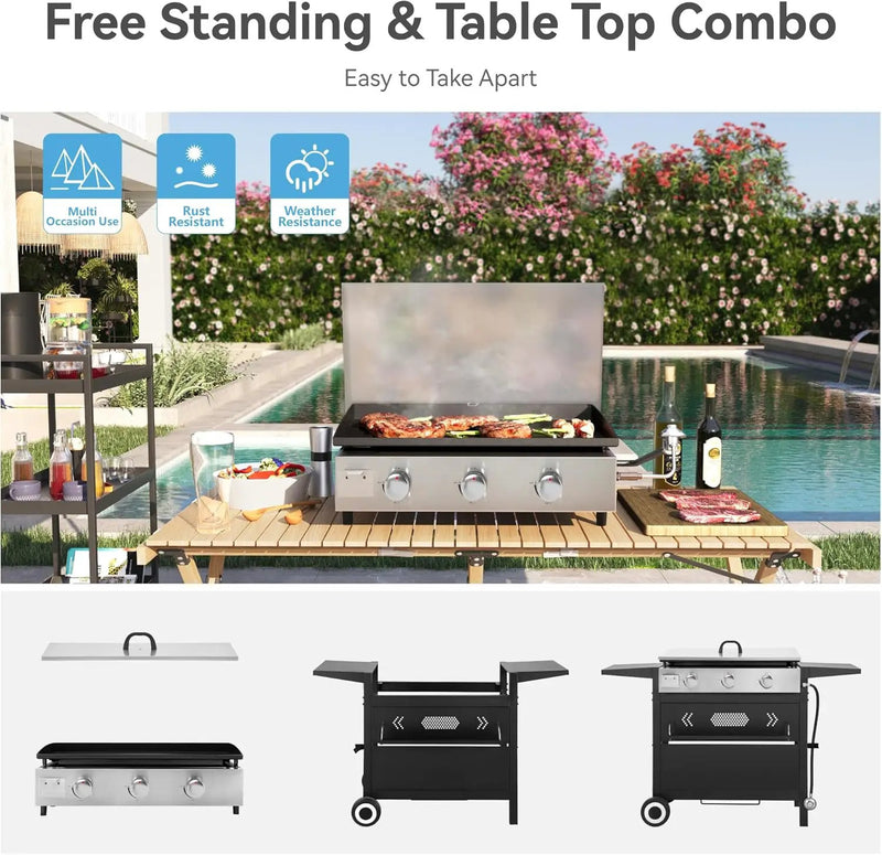 GREEN PARTY 3 Burner Propane Gas Griddle with Removable Standing Cart, Convertible to Tabletop Design, 27 inch Flat Top Grill for Outdoor Cooking Camping Tailgating Barbecue by GreenHaven Gardens