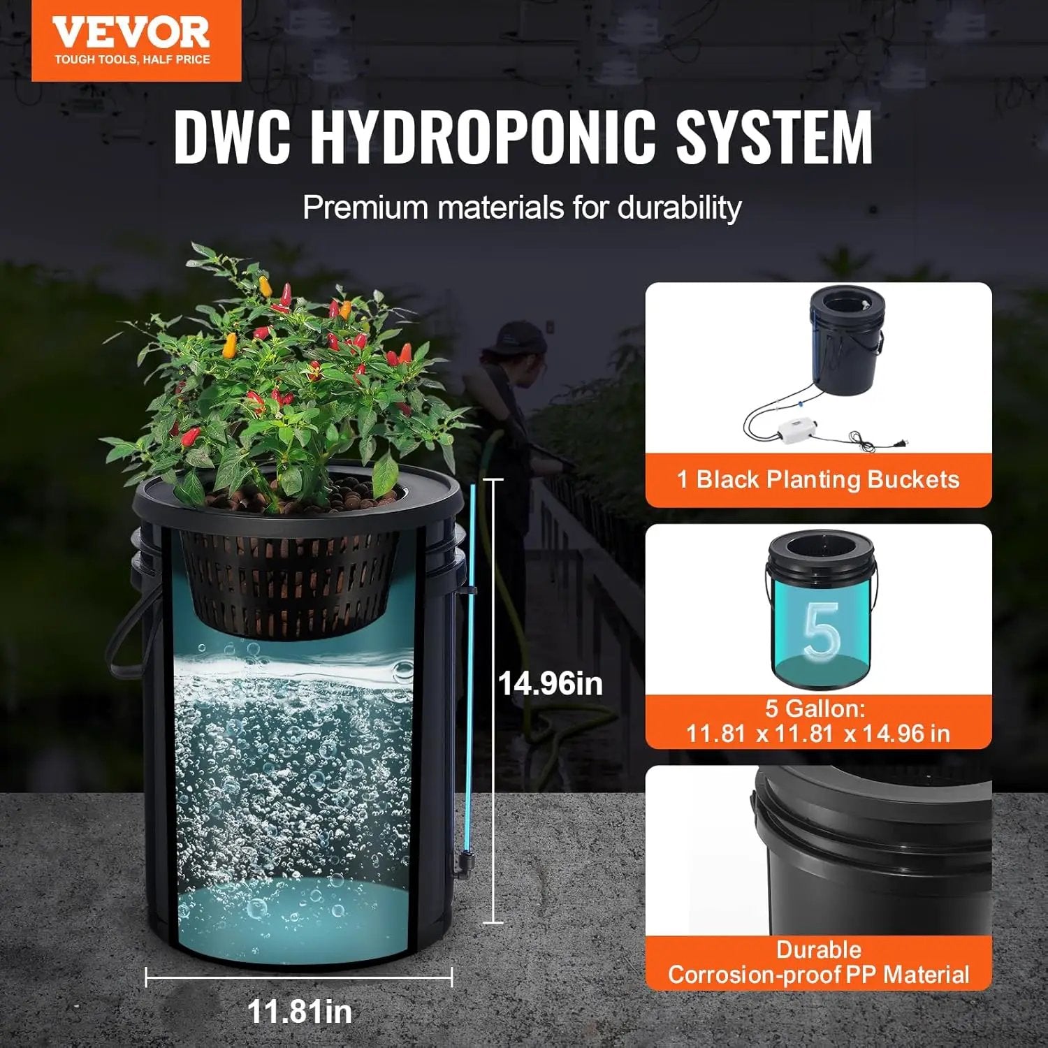 VEVOR DWC Hydroponics Grow System, Hydroponic Growing System with Top Drip Kit, 5-Gallon Deep Water Culture with Air Pump, Air Stone and Water Level Device for Leafy Vegetables(1 Bucket+Top Drip Kit) by GreenHaven Gardens