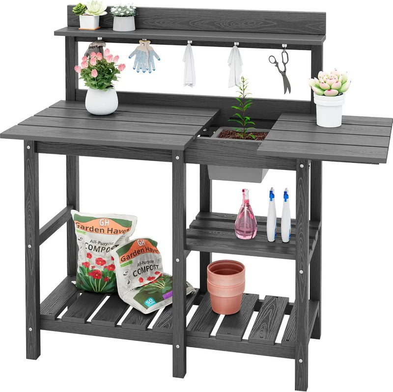 SERWALL Potting Bench Outdoor Potting Table with Sink, HDPE Potting Benches for Outside Gardening Table All Weather Use- Gray by GreenHaven Gardens