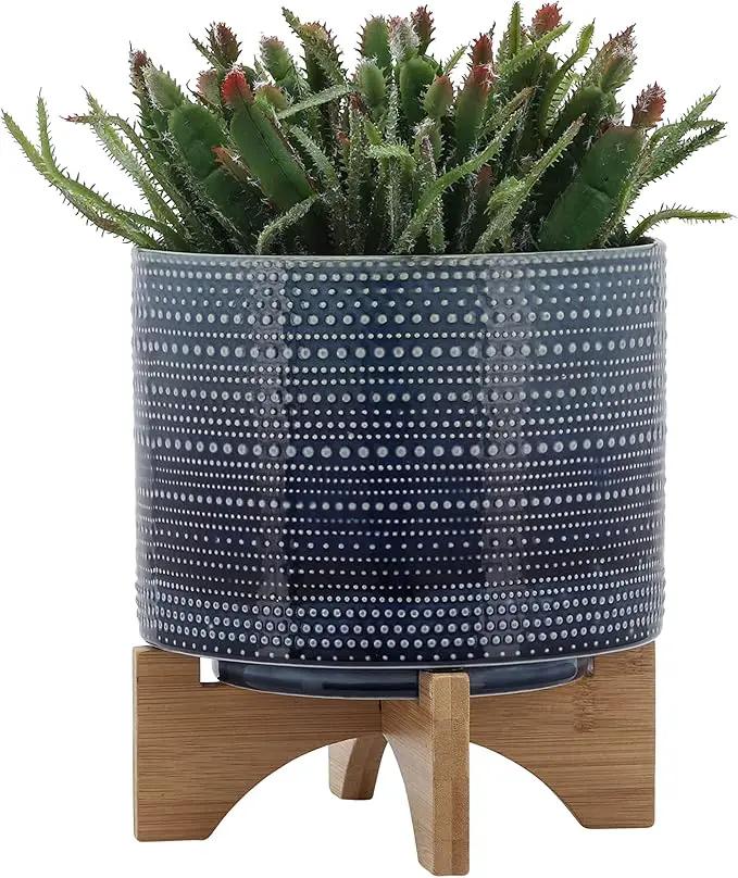 Sagebrook Home Textured Ceramic Planter with Wood Stand, Elevated Indoor/Outdoor Planter, Blue with Gray Dots, 8 L x 8 W x 10 H by GreenHaven Gardens