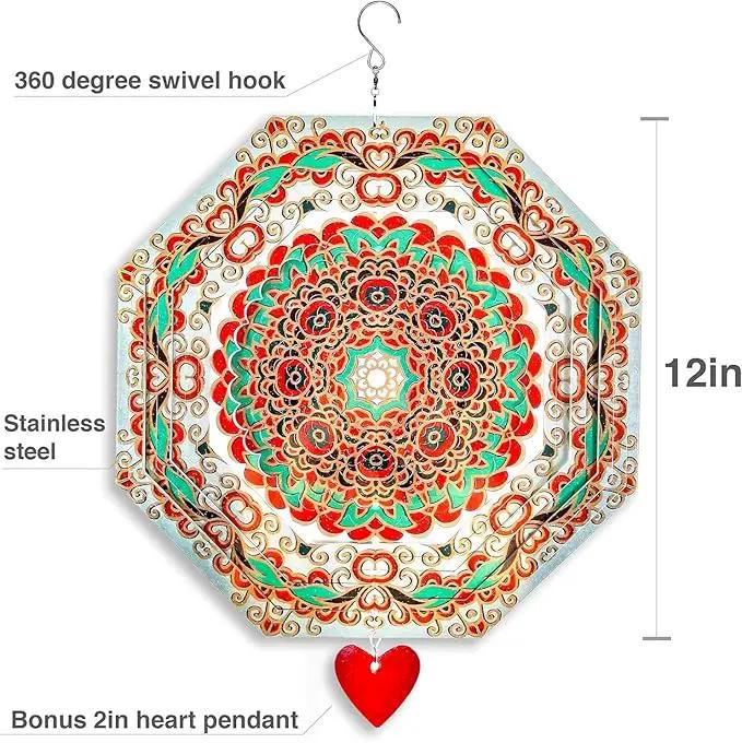 Wind Spinner Mandala Mystique 12 inches – 3D Stainless Steel – Laser Cut Metal Art Geometric Pattern - Hanging Wind Spinner, Kinetic Yard Art Decorations - Indoor/Outdoor Decor by GreenHaven Gardens