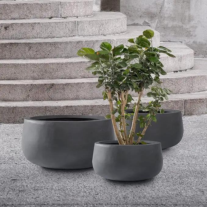 Kante 19.6",15.7",11.8" Dia Round Concrete Planters Set of 3, Outdoor Indoor Garden Plant Pots with Drainage Hole and Rubber Plug, Modern Curvaceous Design, Charcoal by GreenHaven Gardens