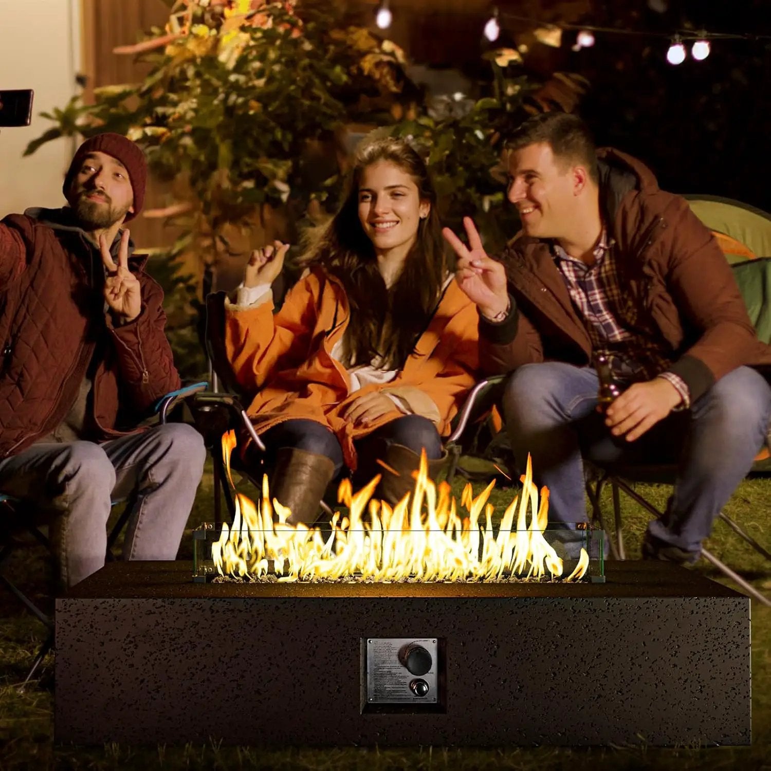 COSIEST 56 x 28 inch Outdoor Propane Fire Pit Coffee Table w Concrete Rectangle Base, CSA Certified, 50,000 BTU, Free Lava Rocks and RainCover, Fits 20lb Tank Outside, Wind Guard, Tank Cover, Brown by GreenHaven Gardens