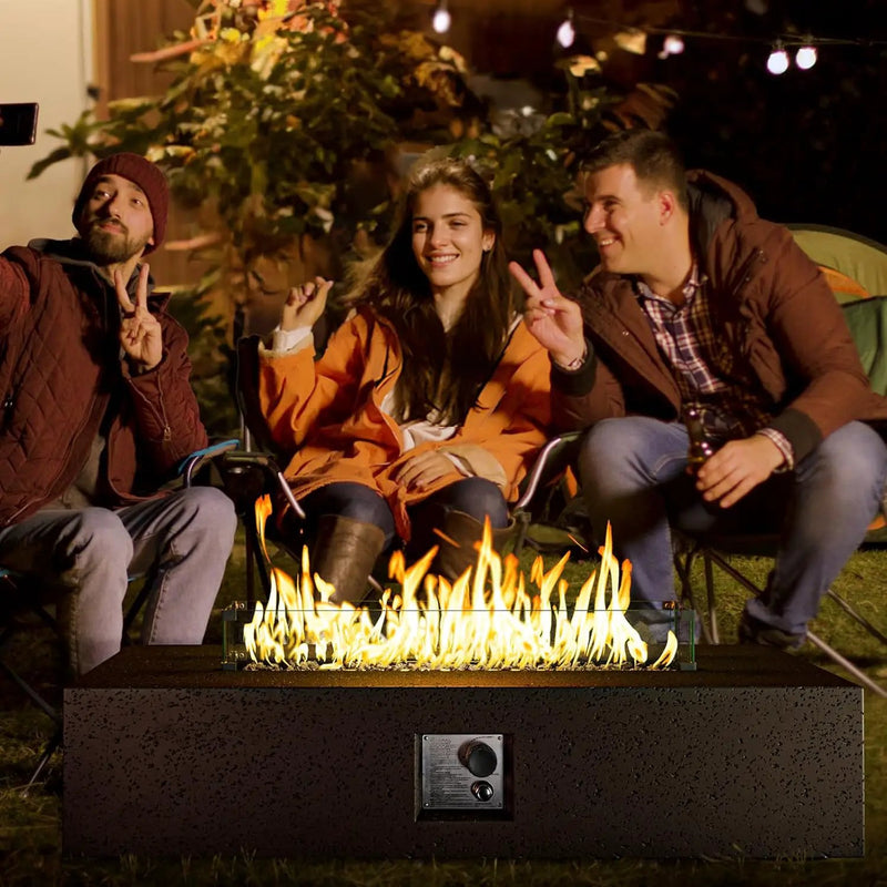 COSIEST 56 x 28 inch Outdoor Propane Fire Pit Coffee Table w Concrete Rectangle Base, CSA Certified, 50,000 BTU, Free Lava Rocks and RainCover, Fits 20lb Tank Outside, Wind Guard, Tank Cover, Brown by GreenHaven Gardens