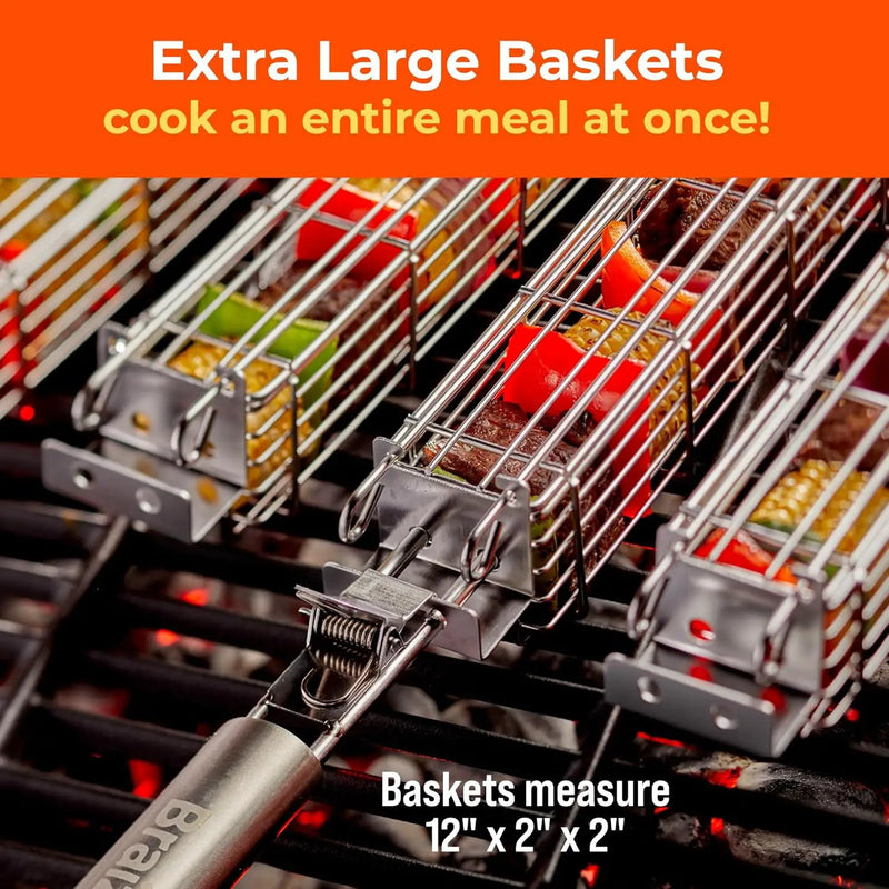 Kabob Grilling Basket Set of 4 with Removable Handle – Stainless Steel Baskets for Grilling Vegetables, Fish & Kabobs – Outdoor BBQ Accessories with Heavy-Duty Scrub Sponge by GreenHaven Gardens