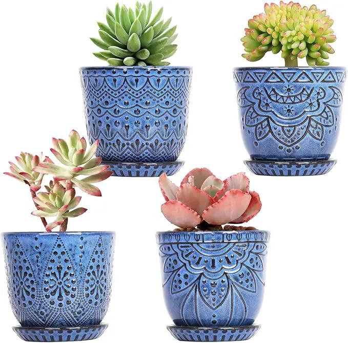 Gepege Succulent Pots, 4 Inch Small Indoor Ceramic Planter Pot with Drainage Holes and Saucers for Plants- Creamy White - Set of 4 by GreenHaven Gardens