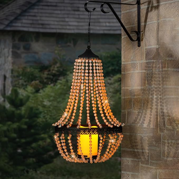 Hanging Candle Chandelier Outdoor, Battery Operated Clear Acrylic Beaded Chandelier with Flickering Led Candle Light S Hooks Modern Lantern for Garden Yard Patio Gazebo Room Indoor Decorations, 27”H by GreenHaven Gardens