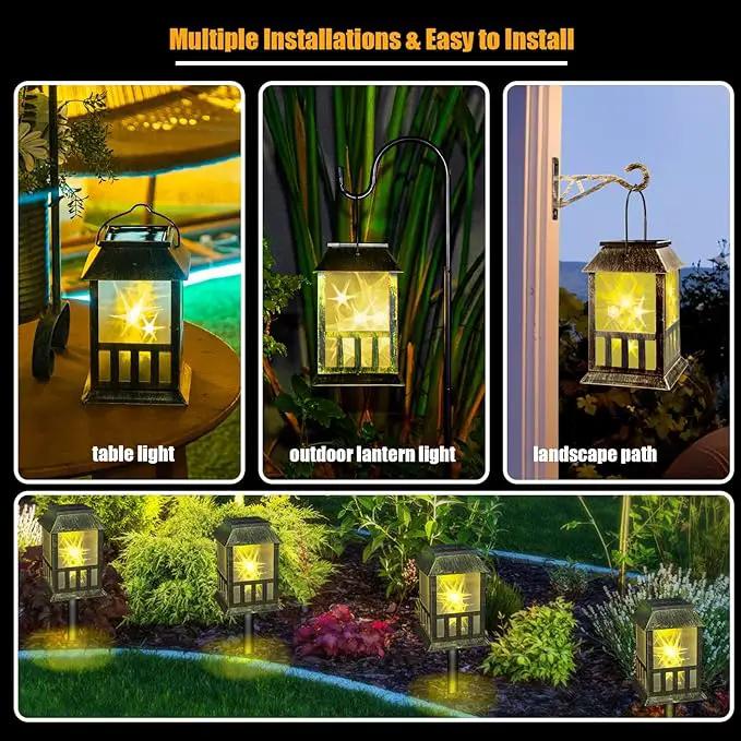 Solar Lanterns Outdoor Waterproof, 3D Star Light with Flashing Mode, Solar & USB C Charging, Metal Hanging Lantern for Wall Landscape Yard Patio Driveway Garden Decor, Warm Light 2 Pack by GreenHaven Gardens