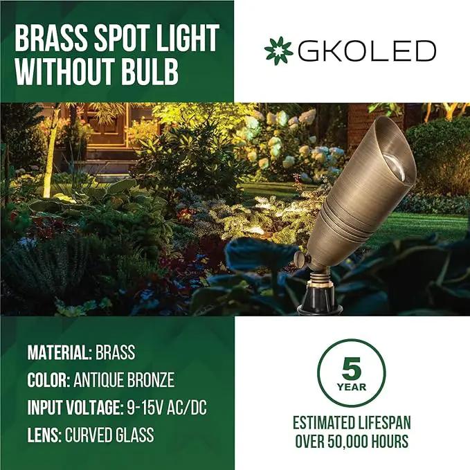 GKOLED 12-Pack Solid Brass Landscape Spotlight, 12V AC/DC Low Voltage Landscape Lights, Outdoor Directional LED Uplight Waterproof Fixture with ABS Ground Spike, Garden Spot Up Light Without Bulb by GreenHaven Gardens